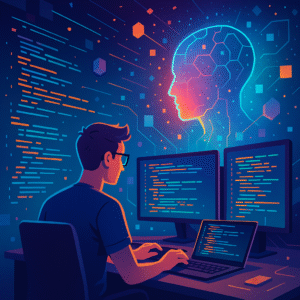 Programador desenvolvendo software com auxílio de inteligência artificial generativa, com códigos e elementos digitais flutuando ao redor, simbolizando inovação tecnológica.v