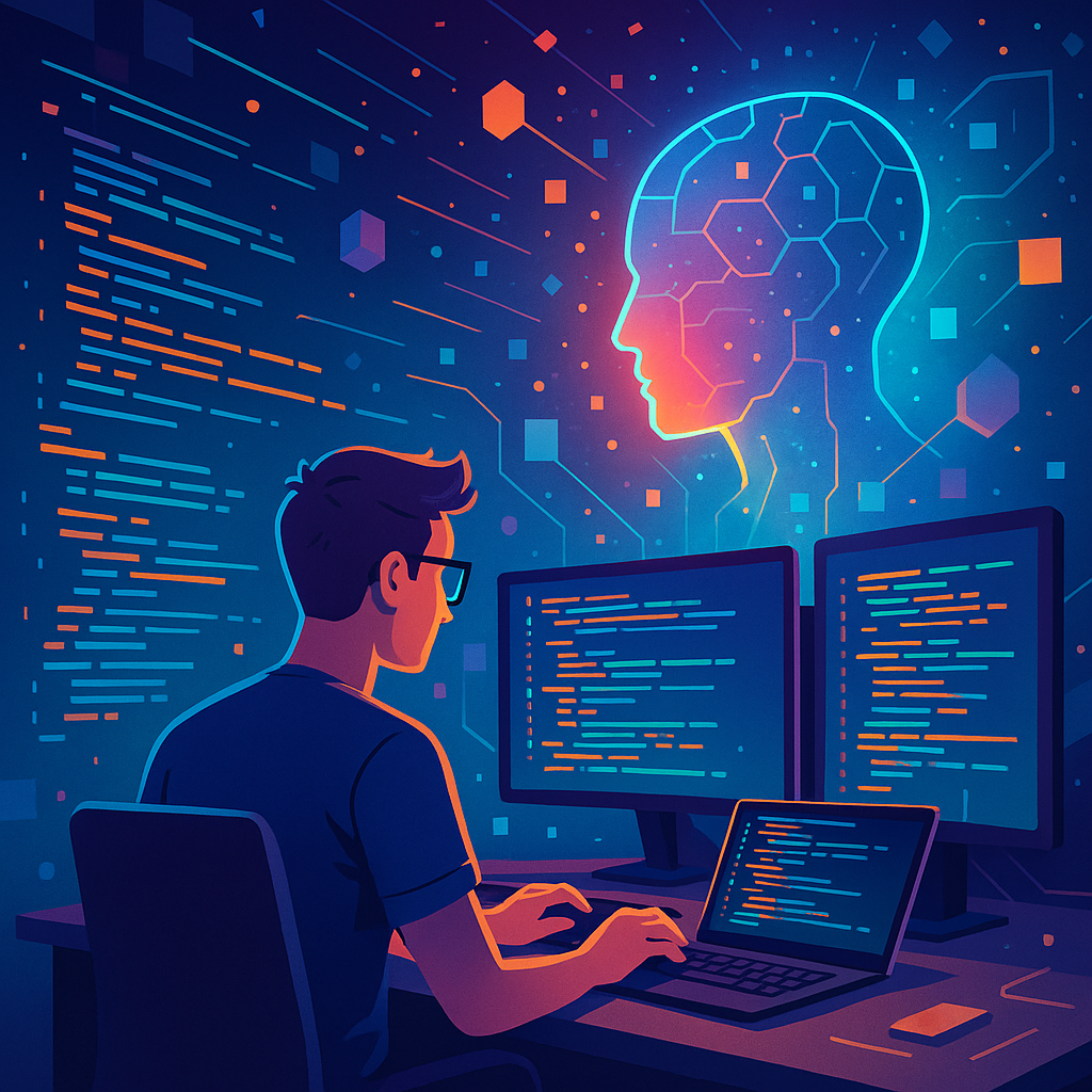 Programador desenvolvendo software com auxílio de inteligência artificial generativa, com códigos e elementos digitais flutuando ao redor, simbolizando inovação tecnológica.v